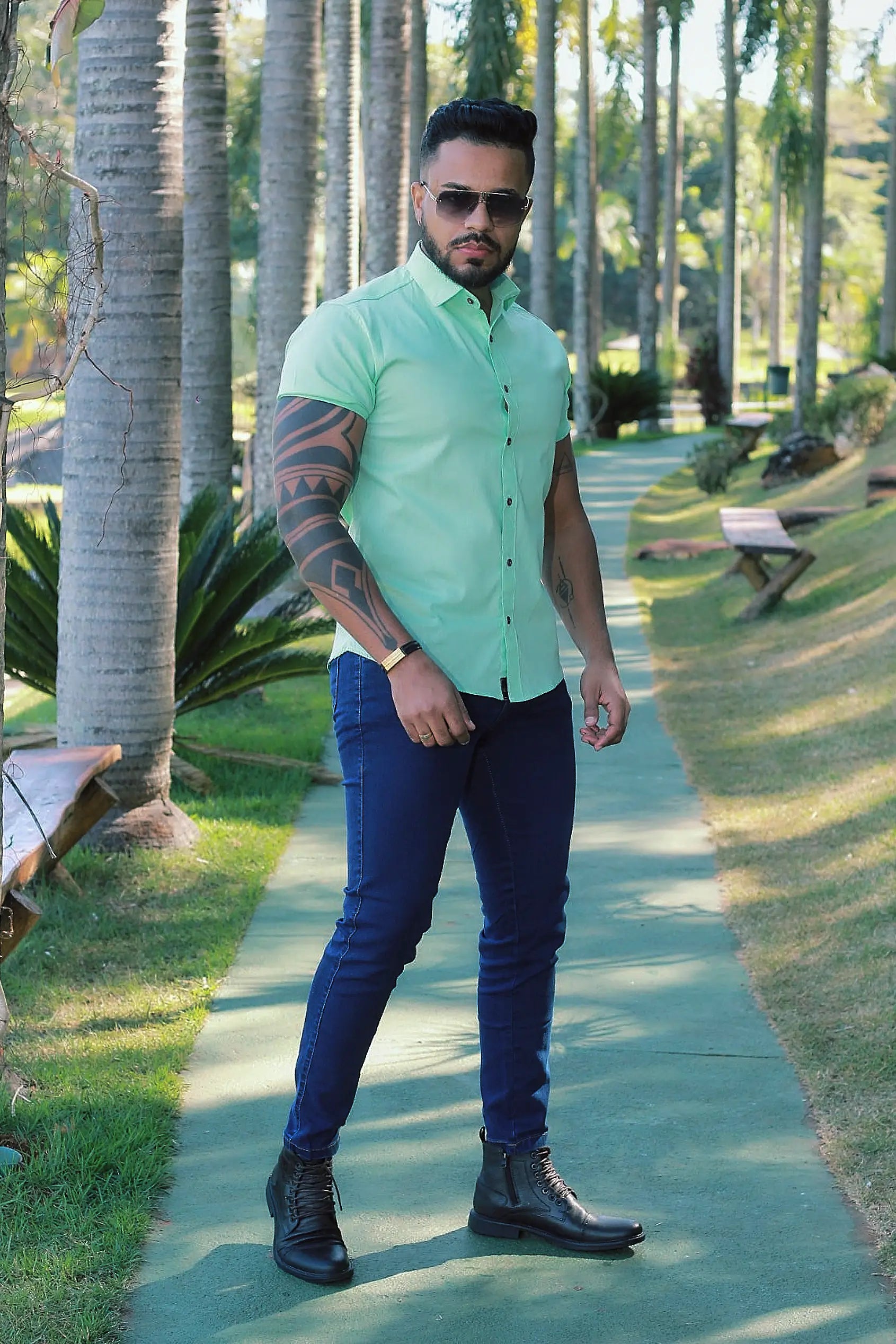 Camisa Slim Fit Verde Menta Lisa Algodão Premium Com elastano